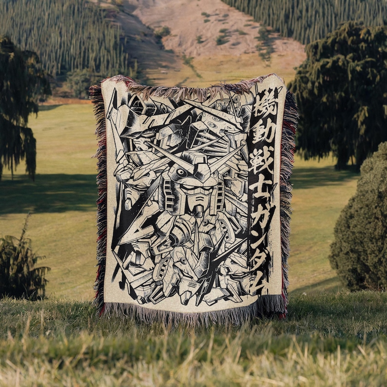 Gundam Anime Woven Blanket, 90s Vintage Anime Tapestry Throw, Robot Anime Lovers Room Decor, Japanese Manga , Retro Gundam Anime Blanket image 1