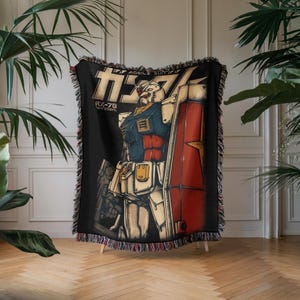 Gundam Anime Woven Blanket, 90s Vintage Anime Tapestry Throw, Robot Anime Lovers Room Decor, Japanese Manga , Retro Gundam Anime Blanket image 4