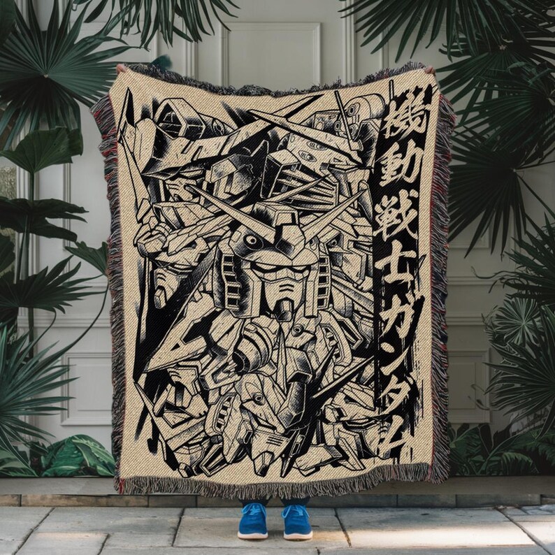 Gundam Anime Woven Blanket, 90s Vintage Anime Tapestry Throw, Robot Anime Lovers Room Decor, Japanese Manga , Retro Gundam Anime Blanket image 2