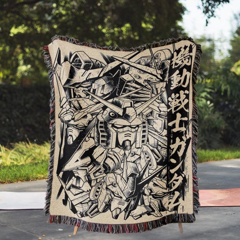 Gundam Anime Woven Blanket, 90s Vintage Anime Tapestry Throw, Robot Anime Lovers Room Decor, Japanese Manga , Retro Gundam Anime Blanket image 7