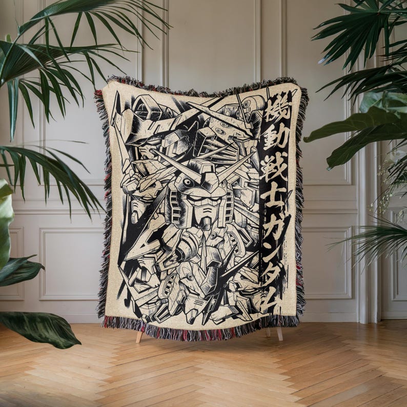 Gundam Anime Woven Blanket, 90s Vintage Anime Tapestry Throw, Robot Anime Lovers Room Decor, Japanese Manga , Retro Gundam Anime Blanket image 5