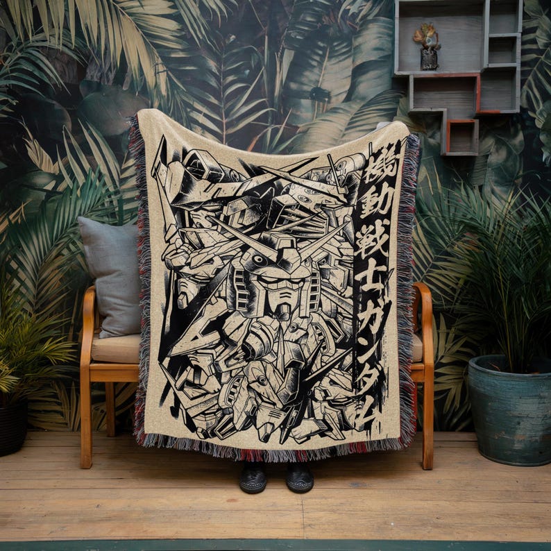 Gundam Anime Woven Blanket, 90s Vintage Anime Tapestry Throw, Robot Anime Lovers Room Decor, Japanese Manga , Retro Gundam Anime Blanket image 3