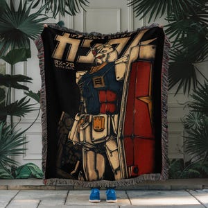Gundam Anime Woven Blanket, 90s Vintage Anime Tapestry Throw, Robot Anime Lovers Room Decor, Japanese Manga , Retro Gundam Anime Blanket image 5