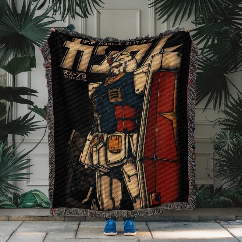 Gundam Anime Woven Blanket, 90s Vintage Anime Tapestry Throw, Robot Anime Lovers Room Decor, Japanese Manga , Retro Gundam Anime Blanket image 5