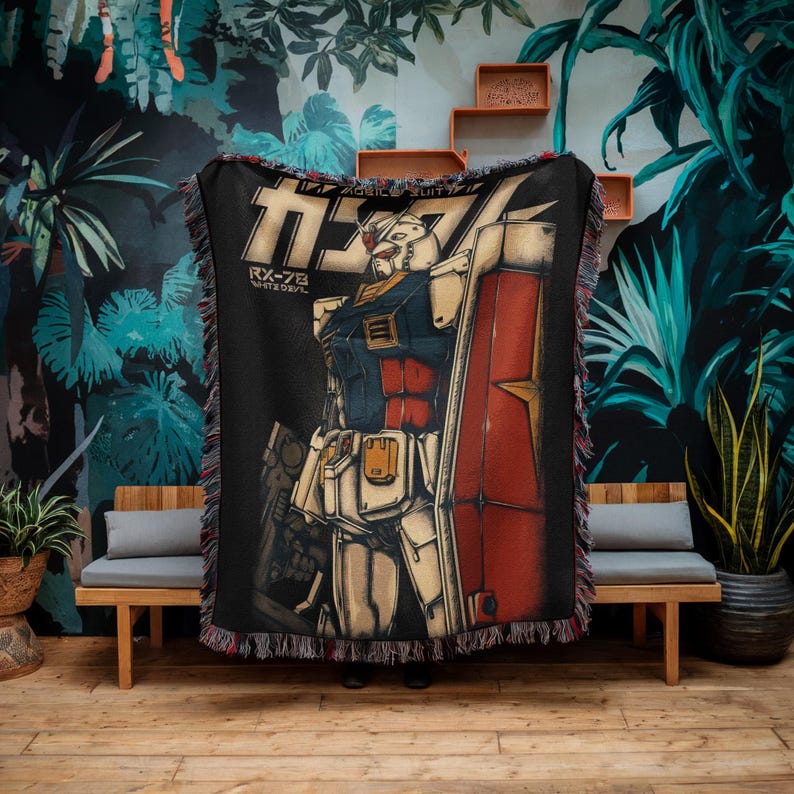 Gundam Anime Woven Blanket, 90s Vintage Anime Tapestry Throw, Robot Anime Lovers Room Decor, Japanese Manga , Retro Gundam Anime Blanket image 3