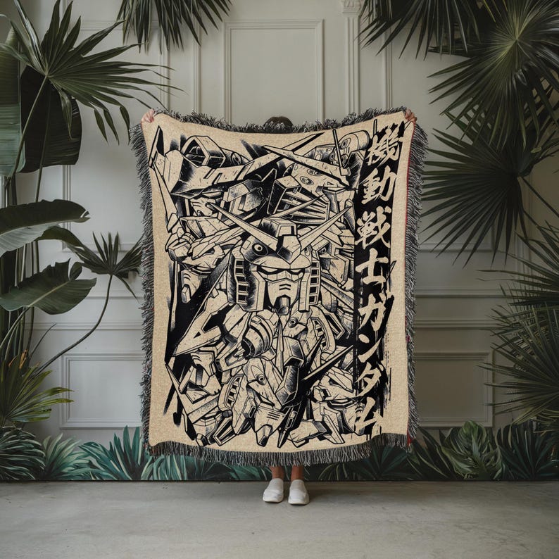 Gundam Anime Woven Blanket, 90s Vintage Anime Tapestry Throw, Robot Anime Lovers Room Decor, Japanese Manga , Retro Gundam Anime Blanket image 4