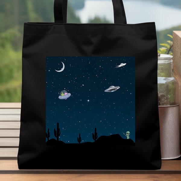 Alien spaceship tote bag gift for birthday, Desert UFO Martian invasion book bag, Flying saucer carry-all bag, Area 51 Roswell tote