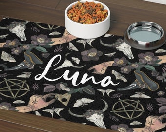 Personalized Witchy Pet Mat, Gothic Skull Pentagram Decor