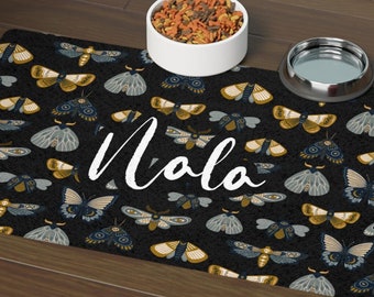 Personalized Pet Food Mat, Witchy Moth Print, Non-Slip Cat Placemat