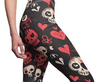 Gothic Skull Valentine's Leggings, High-Waisted Yoga Pants