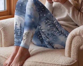 Wolf Print Leggings, Winter Snowy Forest Yoga Pants