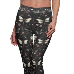 moth print leggings, mystical leggings, dark floral leggings, boho yoga pants, gothic workout leggings, unique activewear, witchy clothing