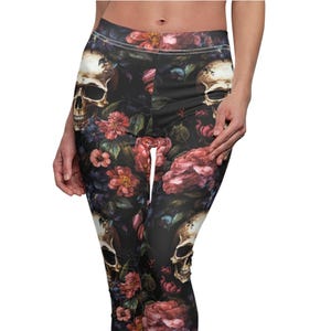 Gothic leggings, floral skull leggings, witchy leggings, boho chic leggings, dark floral leggings, skull yoga pants, Halloween fashion