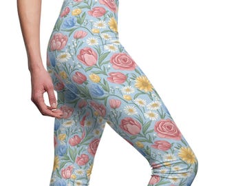 Floral Print Leggings, High-Waisted Polyester-Spandex Blend