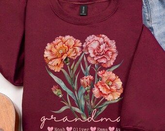 Custom Birth Flower Gildan Sweatshirt, Personalized Grandma Gift