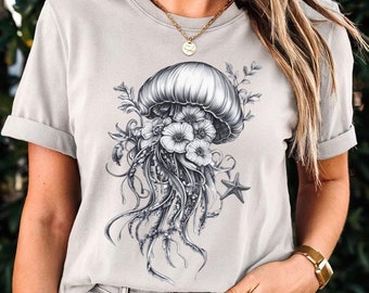Floral Jellyfish Graphic Tee, Ocean Life Shirt