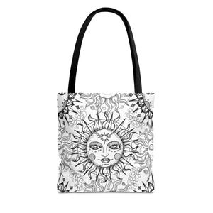 sun tote bag, celestial tote, astrology gift, mystical bag, boho sun design, solar art tote, spiritual tote, cosmic design tote, witchy bag