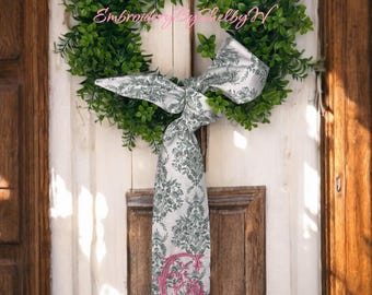 WREATH SASH, Country floral, Sage Green on white chinoiserie inspired, green toile,fall decor, wedding decor, front door decor, gifts
