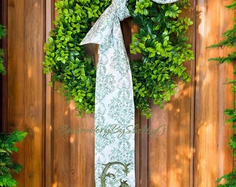 WREATH SASH, Country floral, Sage Green on white chinoiserie inspired, green toile,fall decor, wedding decor, front door decor, gifts