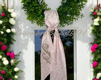 WREATH SASH, Light pink toile scroll, pink on white chinoiserie inspired, pink toile, summer decor, wedding decor, front door decor
