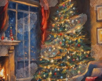 Magia navideña junto al fuego - Impresión digital en óleo (retrato 3:4)