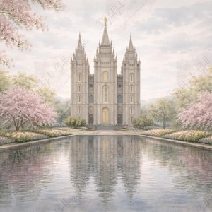 May include: A serene watercolor painting depicts a grand, light-colored building with multiple spires, reflected in a calm body of water. Pink and green trees frame the scene, suggesting a peaceful, natural setting. The sky is a soft, muted blue.