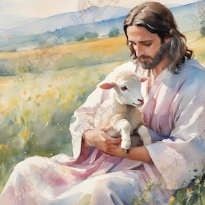Può includere: Un dipinto ad acquerello di un uomo con lunghi capelli castani e barba che tiene un agnello bianco tra le braccia. L'uomo indossa una tunica bianca ed è seduto in un campo di erba verde e fiori gialli.