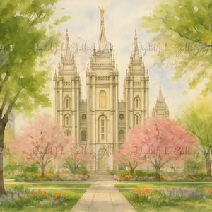 May include: Watercolor painting of a large, ornate building with multiple spires, set amidst lush greenery and flowering trees. A paved walkway leads to the building, framed by large trees and a vibrant sky. The artwork evokes a sense of peace.