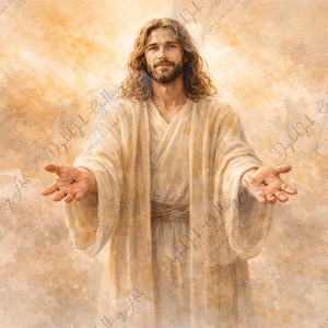 May include: A digital painting of a man with long brown hair and a beard, wearing a cream-colored robe. He stands with open arms, palms facing forward. The background is a soft, warm-toned wash of light.