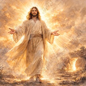 May include: A digital art print depicts a figure in flowing white robes with outstretched arms, emanating light. The background features a bright, golden glow and a stone pathway leading to a cave entrance, creating a spiritual theme.