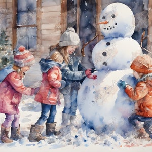 Pintura de acuarela de muñeco de nieve: Impresión artística infantil con escena invernal (descarga digital)