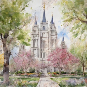 Springtime Serenity Salt Lake City Temple Watercolor Digital Art Print 4:3 Landscape