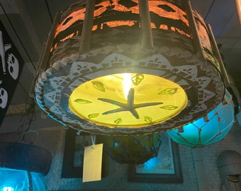 Hanging Tapa cloth and resin drum lamp inspired by Oceanic Arts