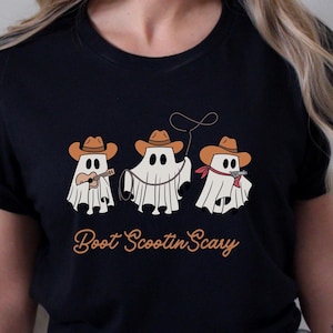Boot Scootin Scary Unisex Short Sleeve Tee, Cowboy Halloween Shirt, Funny Ghost Shirt, Cute Spooky T Shirt, Ghost Tshirt, Halloween Cowboy