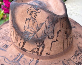 Hand Burned Cowboy Hat, Tooled Leather Style, Western Art, Rustic Statement Piece