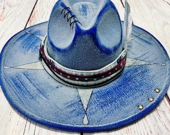 Hand-Painted Blue Felt Cowboy Hat, Western Boho Fedora, Feather Embellished Concert Outfit