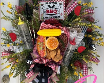 Backyard BBQ Wreath, Summer Grill Decor, Family Vibes Door Hanger