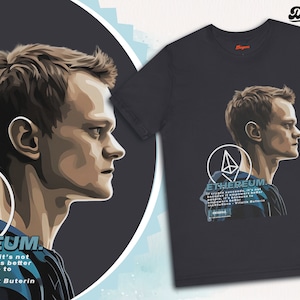 May include: A dark blue t-shirt featuring a graphic of Vitalik Buterin, the founder of Ethereum, and the Ethereum logo. The text "ETHEREUM" is printed in white with a blue outline. The quote "If crypto succeeds, it's not because it empowers better people. It's because to empower better institutions" - Vitalik Buterin is printed below the logo.