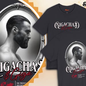 Pode incluir: Duas camisetas pretas com um design gráfico branco e vermelho que apresenta o rosto de um homem em uma moldura e o texto "Gigachads & Giga". O texto "The Perfect Human Specimen" também está incluído.