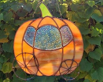 Pumpkin Carriage Stained Glass Art | Princess Fairy Tale Window Ornament