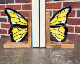 Butterfly Bookends with Stained Glass Wings | Whimsical Nature Art for Your Bookshelf
