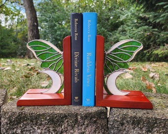 Stained Glass Luna Moth Bookends with Crescent Moons | Handcrafted Iridescent Art Glass Décor