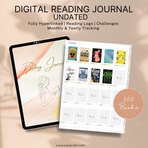 May include: A digital reading journal with a pink and orange watercolour background. The journal is fully hyperlinked and includes reading logs, challenges, and monthly and yearly tracking. The journal is designed to track 200 books.