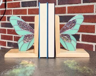 Handcrafted Stained Glass Butterfly Bookends: Iridescent Bookshelf Decor