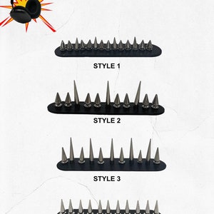 May include: Image featuring four styles of silver-colored metal spikes mounted on black bases. The image includes the text "niched" and "SMALL - SENTIMENTAL". Style 1 has uniform spikes, while styles 2, 3, and 4 vary in spike design.