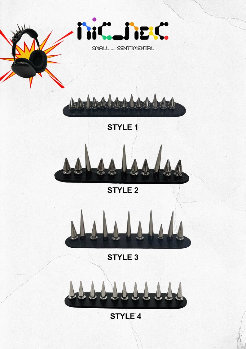 May include: Image featuring four styles of silver-colored metal spikes mounted on black bases. The image includes the text "niched" and "SMALL - SENTIMENTAL". Style 1 has uniform spikes, while styles 2, 3, and 4 vary in spike design.