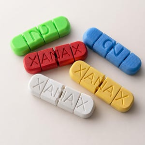 Op de afbeelding: Een verzameling kleurrijke, rechthoekige objecten, elk bestaande uit vier verbonden segmenten. De objecten zijn groen, rood, blauw, geel en wit. Het woord "XANAX" is op sommige objecten gedrukt.