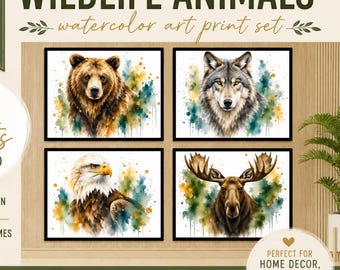 DIGITALER DOWNLOAD Aquarell Wildtier Drucke 4er Set Bär Wolf Adler Elch Wand Kunst Dekor Waldtier druckbare moderne Wohnkultur