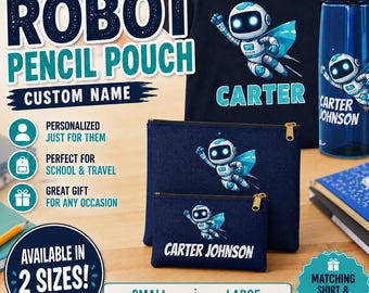 Personalisiertes Federmäppchen mit Roboter-Astronauten-Motiv, Reißverschlusstasche, Federmäppchen für Kinder, Weltraum-Geburtstagsgeschenk, Schulaccessoire