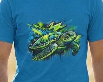 Graffiti Zeeschildpad Blauw Groen Moderne Kunst Unisex T-shirt Vader Cadeau Verjaardag Moederdag Vaderdag